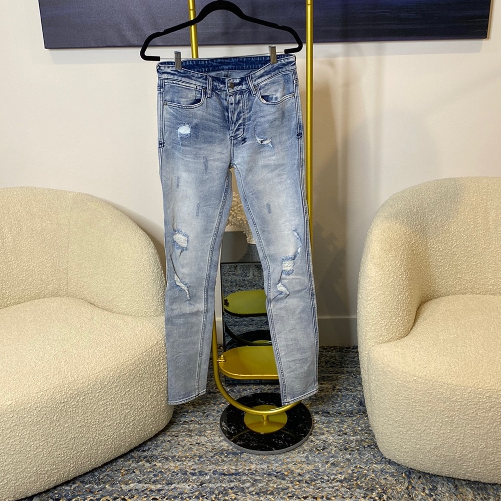 MENS KSUBI VAN WINKLE TRASHED BLUE DENIM SIZE:31
